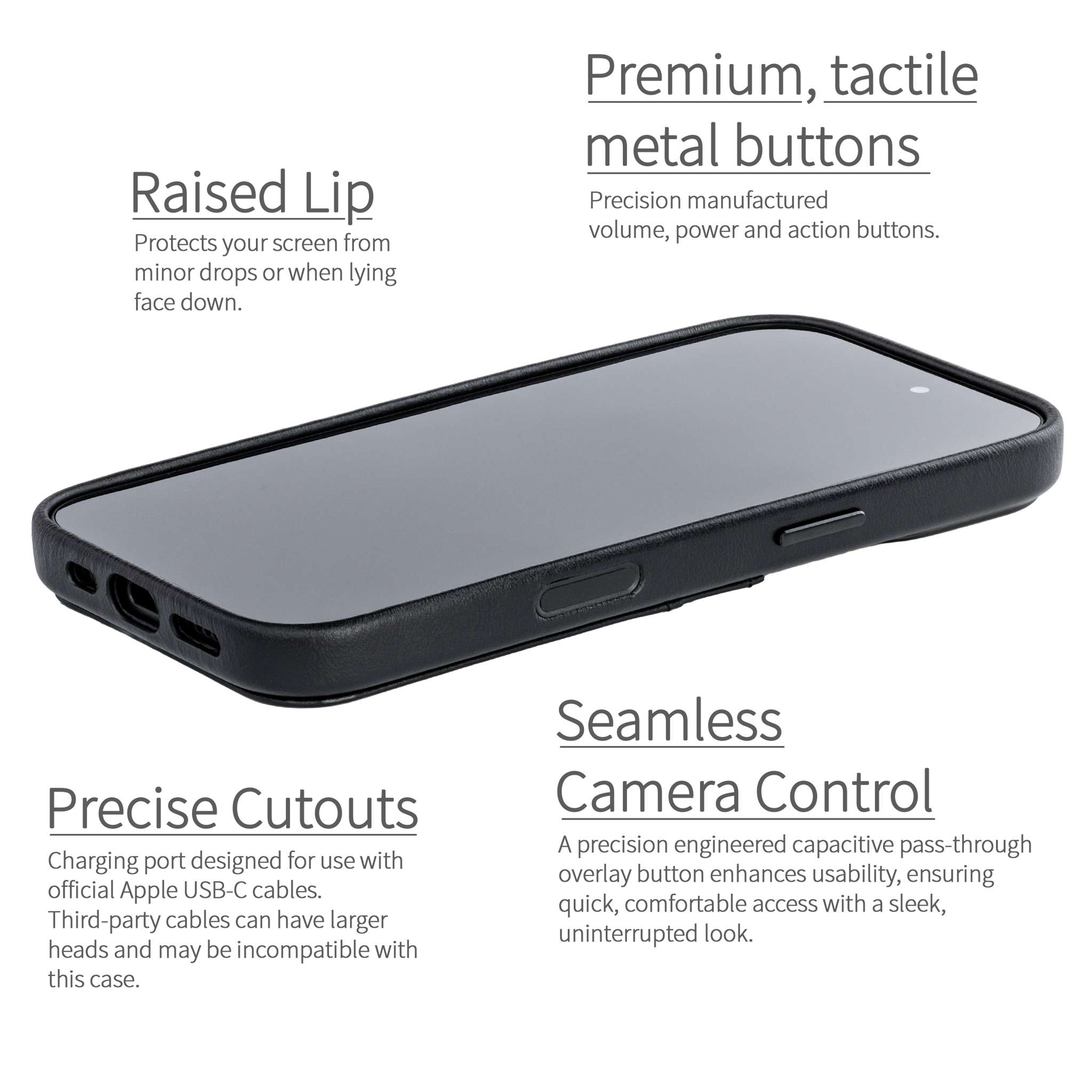 camera control button and raised edge protection for genuine leather cases