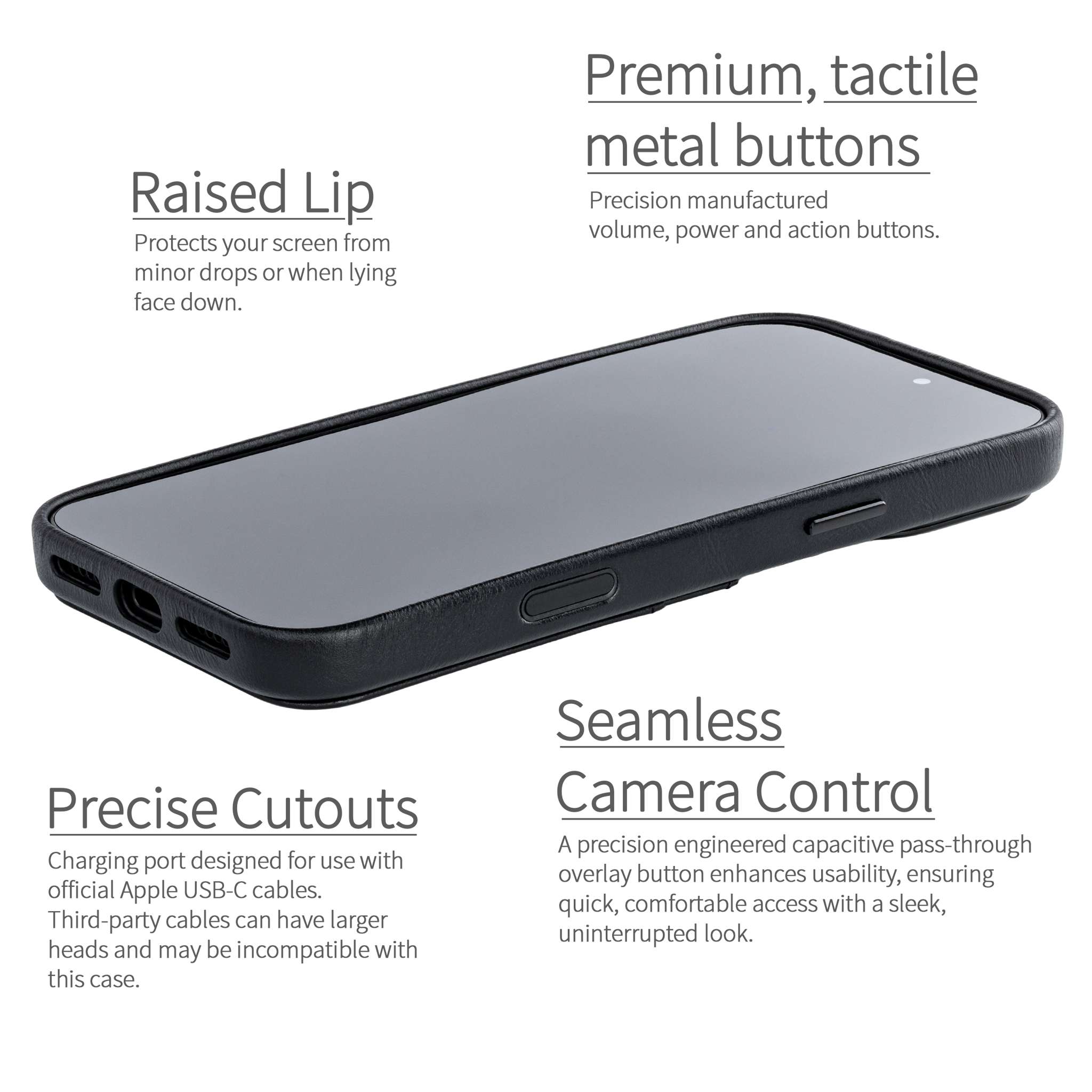 camera control button and raised edge protection for genuine leather cases