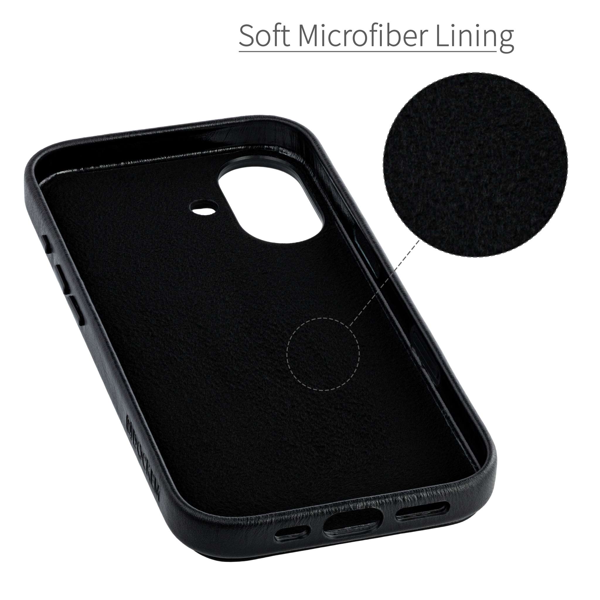 soft microfiber lining to protect the back from scratches, gentle resting spot for your phone