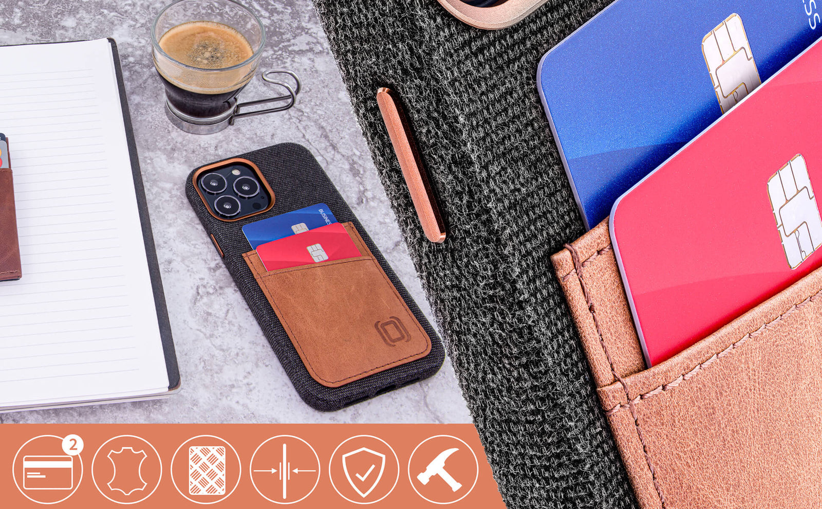 Phone case with card slots on a desk with a cup of coffee
