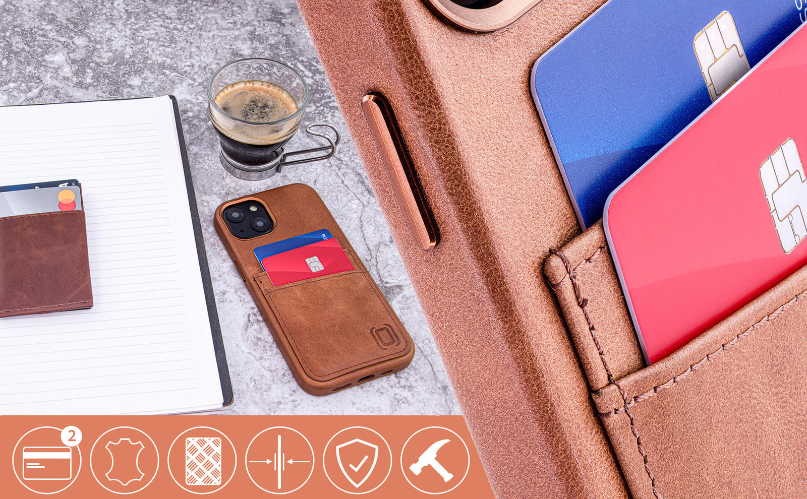 Brown leather phone case with card slots on a gray surface with a coffee cup and notebook.