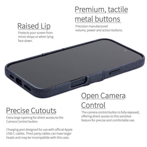 completely exposed camera button, metal tactile buttons raised lip around edge for protection